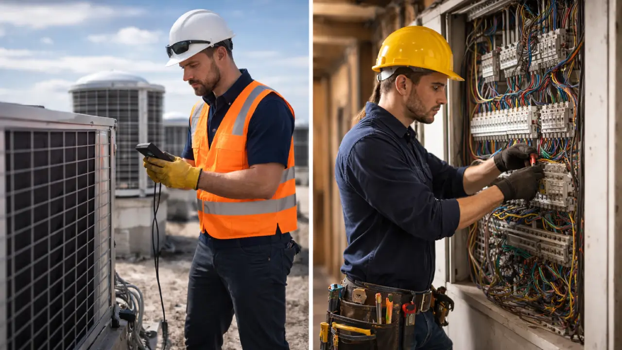 HVAC technician inspecting air conditioning unit and electrician working on electrical panel showing skilled trades careers
