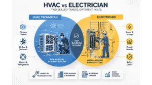 Infographic comparing HVAC technician and electrician roles including skills responsibilities and work environments