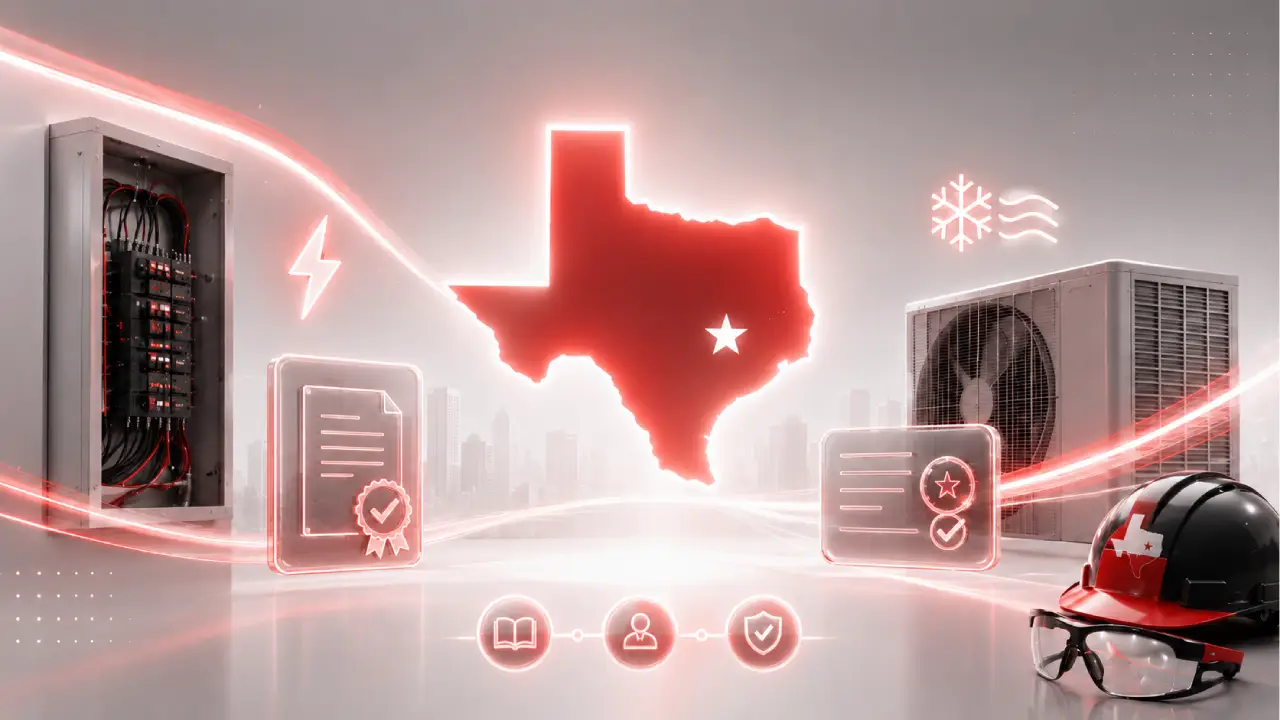 Minimal futuristic red and black design showing Texas electrician and HVAC certification symbols, with an electrical panel, air conditioning unit, certificate icons, and safety gear.